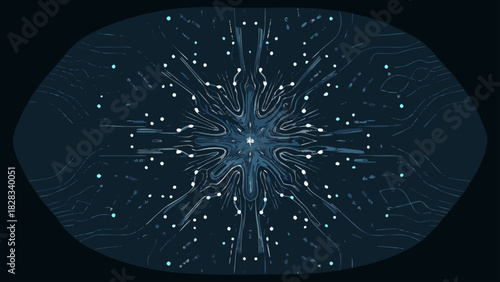 Abstract dark blue background with radiating lines and scattered dots in a symmetrical pattern design