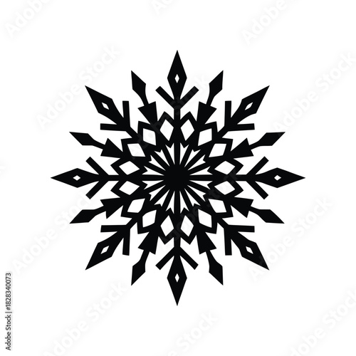 An intricate black snowflake icon, symbolizing winter's delicate beauty and frosty charm. Ideal for seasonal graphic designs, holiday decorations, and festive projects