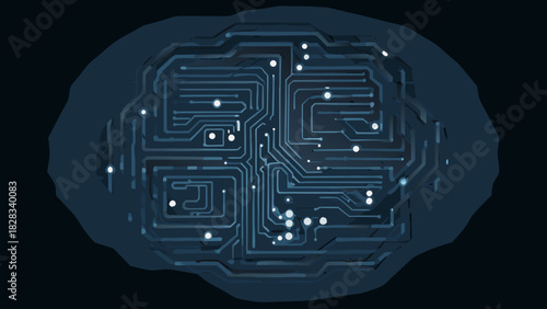 Illustration of a brain shaped circuit board with glowing nodes representing artificial intelligence