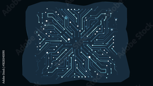 A stylized computer circuit board design with interconnected lines and circular nodes on a dark background