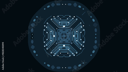 Abstract representation of a circuit board with interconnected lines and circular nodes in a dark setting