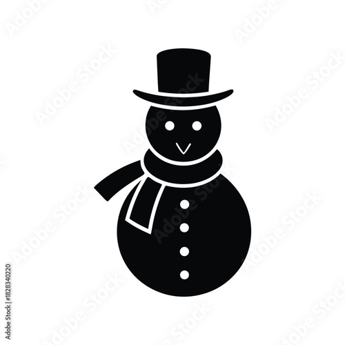 A minimalist black and white illustration of a classic snowman wearing a top hat and scarf, perfect for holiday designs and winter themes