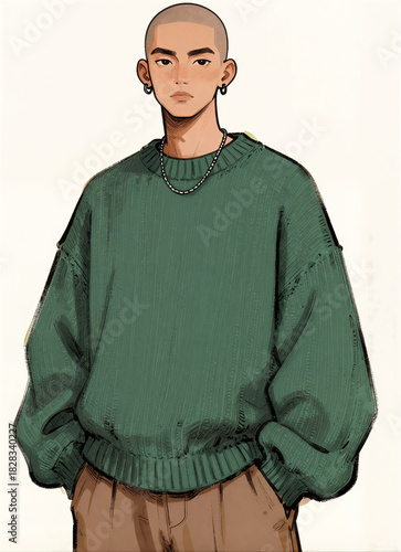 Illustrated Portrait of a Man in a Green Sweater and Buzz Cut