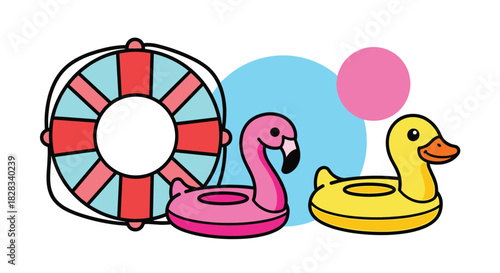 A cute collection of summer pool floats including a lifebuoy, a pink flamingo, and a yellow duck, with colorful circles behind.
