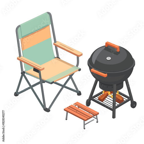 Isometric Pixel Art Camping Chair Small Stool and Charcoal Grill with Wood Fire Isolated on White Background