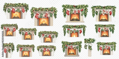 A collection of festive Christmas fireplaces adorned with green garlands, glowing lights, and hanging red and green stockings, presented on a transparent background.