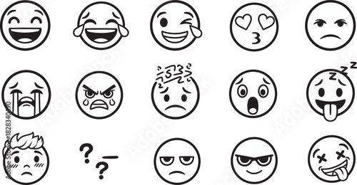 Outline emoji faces displaying diverse human feelings and moods