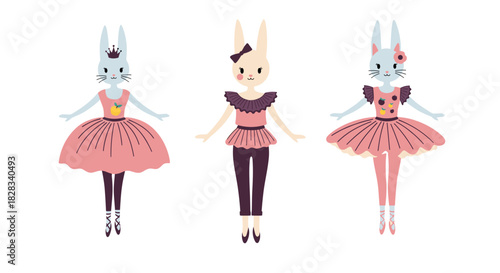 Set of three adorable bunny ballerinas in pink and purple tutus and ballet shoes, perfect for nursery decor or children's illustrations.