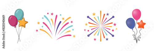 Colourful celebration vector elements set with party balloons and abstract firework bursts isolated for festive occasions.