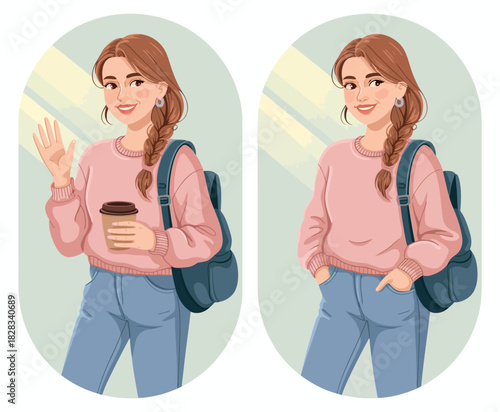 This cheerful young woman in a cozy sweater waves, holding a warm cup of coffee, embodying positivity and youthful energy in a light-filled setting.