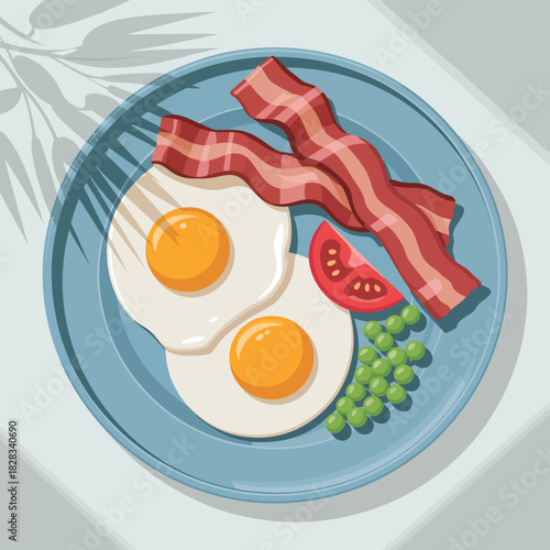 This image features a delightful breakfast plate with sunny-side up eggs, crispy bacon, and fresh vegetables, embodying the comfort and joy of a hearty morning meal.
