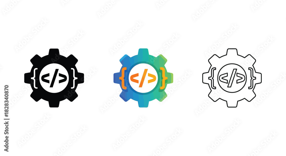 Obraz premium Set of three gear icons for coding development, configuration, and programming service