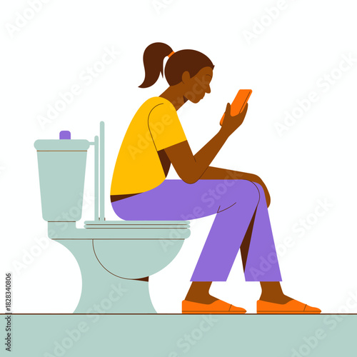 A humorous scene depicts a person sitting on a toilet, engrossed in their phone, highlighting the modern lifestyle and everyday moments of leisure amidst daily routines.