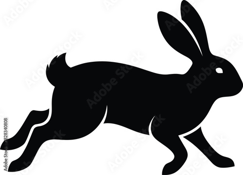 Black silhouette of a running rabbit on a white background