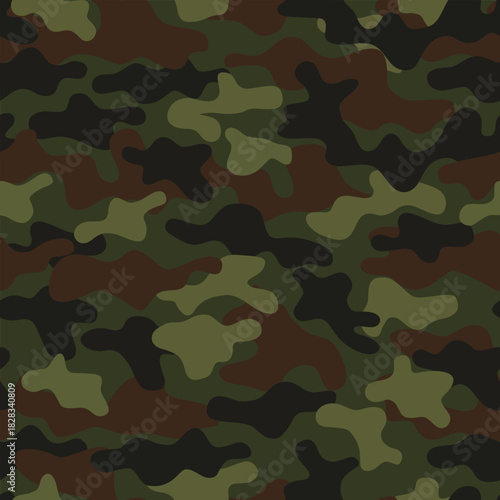 Repeating camouflage pattern with green brown and black irregular shapes for military, textile or hunting apparel.