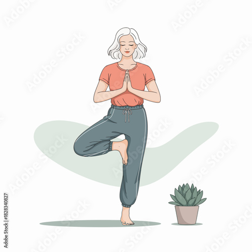 This image depicts a woman in a yoga pose, surrounded by a calming environment. It symbolizes peace, relaxation, mindfulness, and the quest for inner balance and wellness.