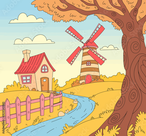 This delightful countryside illustration features a quaint house, a colorful windmill, a winding stream, and vibrant autumn foliage that create a serene rural atmosphere.