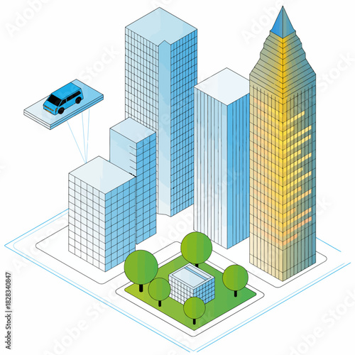 A conceptual illustration displays a futuristic city skyline featuring a flying vehicle hovering over skyscrapers, symbolizing advanced technology and urban innovation.