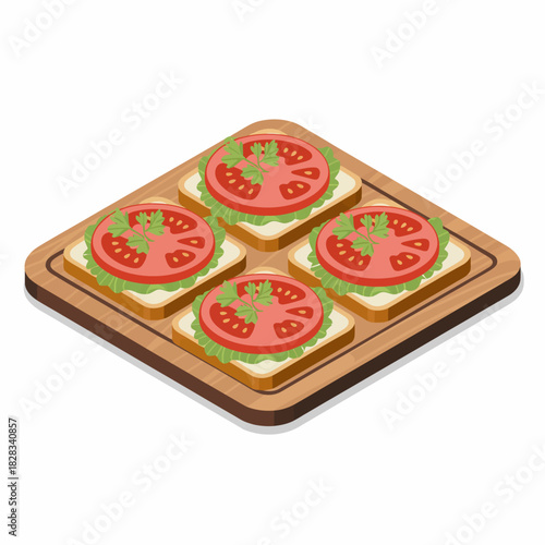 A visually appealing tray features neatly arranged tomato sandwiches, highlighting fresh ingredients, perfect for showcasing delicious culinary art and appetizing meals.