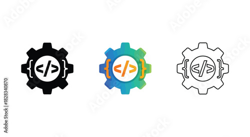 Set of three gear icons for coding development, configuration, and programming service