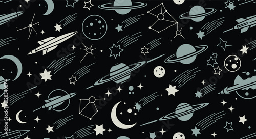 Seamless monochrome space pattern with rockets, planets, stars, and constellations on a dark background for wallpaper or textiles.