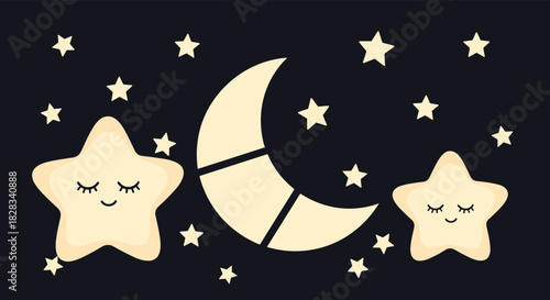 A cute night sky scene with a crescent moon and two sleeping stars with happy faces, surrounded by smaller stars on a dark background.