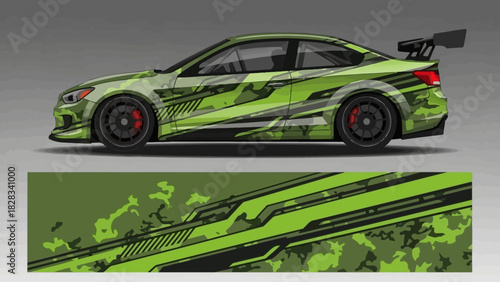Green and black car wrap design with abstract geometric shapes.