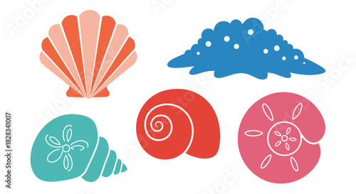 A colorful collection of assorted seashells, including a sand dollar and spiral shells, in bright, summery colors like pink and orange.