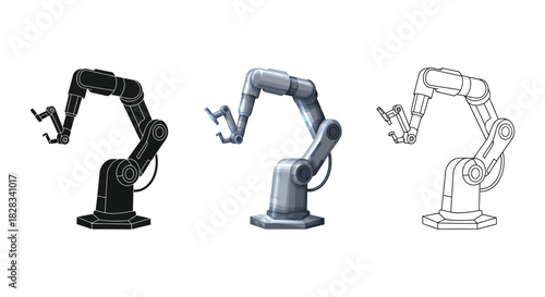 Set of three industrial robotic arm icons in black, color, and outline style