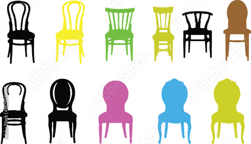 The image features a vibrant grid layout showcasing 21 distinct chair illustrations, organized into 3 rows and 7 columns. Each chair is uniquely designed, reflecting a variety of styles 