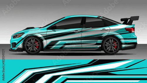 Side view of a teal sedan with racing stripes and a rear spoiler, showcasing a dynamic design.