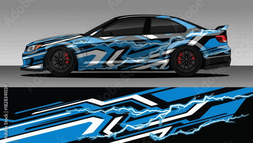 Car wrap design with lightning and geometric shapes in blue and white.