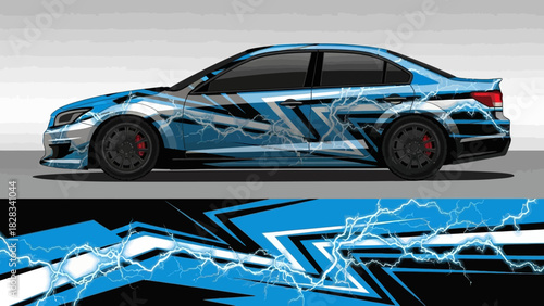 Custom car wrap design with an abstract blue lightning bolt graphic for a modern sports sedan.