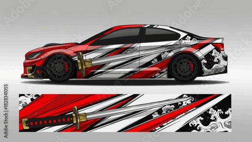 Red car with a detailed Japanese-style design, featuring a katana and wave patterns.