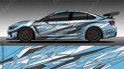 Side profile of a modern sports car with a blue, white, and grey abstract geometric vinyl wrap design.