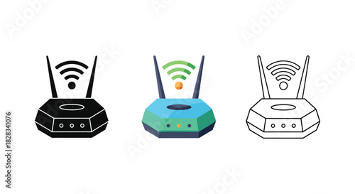 Set of three WiFi router icons in black silhouette, color illustration, and outline style