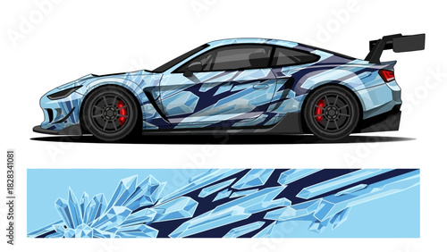A sleek sports car with a dynamic ice shard graphic wrap design, showcasing a custom vinyl decal for vehicle customization.