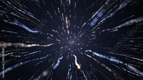 Abstract swirling streaks of blue and gold light particles moving rapidly through dark space creating a sense of cosmic energy and motion