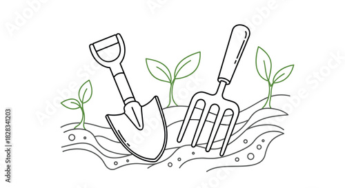 A black and white line art illustration of a garden shovel and fork in the soil with small green sprouts growing nearby.