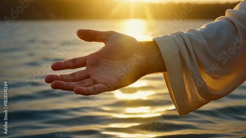 A comforting hand extends across tranquil waters, touched by radiant golden light, evoking feelings of solace, hope, and spiritual embrace