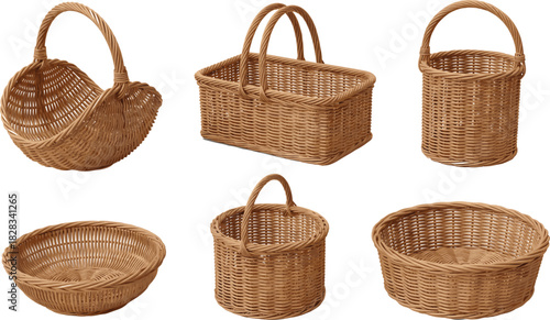 Realistic Wicker Basket Vector Collection Set Illustrating Various Shapes, Including Round, Oval, and Rectangular Designs with Woven Texture, Perfect for Harvest, Picnic, and Storage Concepts