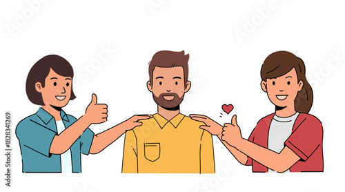 A group of people share happiness and support each other with positive emotions using gestures such as the "OK" sign, thumbs up, support, and hearts. Vector illustration on a white background.