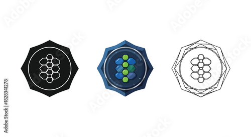 Three variations of a biological cell cluster or molecular structure emblem in black, color, and outline forms