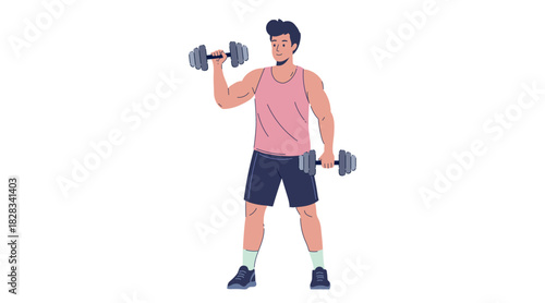 
A man doing exercise with dumbbells vector flat illustration. People practicing workout in pair enjoy healthy lifestyle