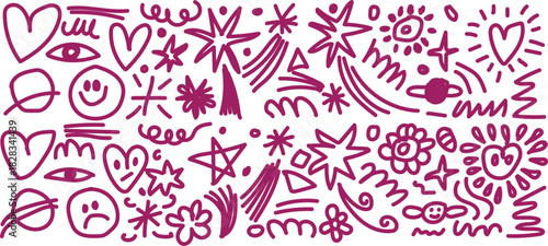 Whimsical doodle art with hearts stars and faces
