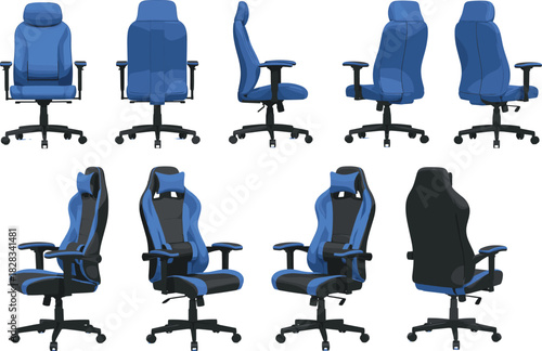 Ergonomic Gaming and Office Chair Vector Illustration Set Showcasing Various Angles of Modern High-Back Swivel Chairs in Blue and Black, Ideal for Technology and Workspace Design