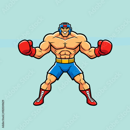 Cartoon boxer flexing muscles in red gloves and blue shorts  