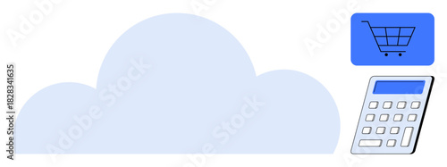 Large cloud with shopping cart and calculator. Ideal for technology, e-commerce, data storage, online retail, finance, business solutions, and innovation concepts in simple flat metaphor