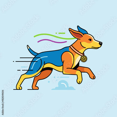 Running cartoon dog with colorful motion lines on blue background  