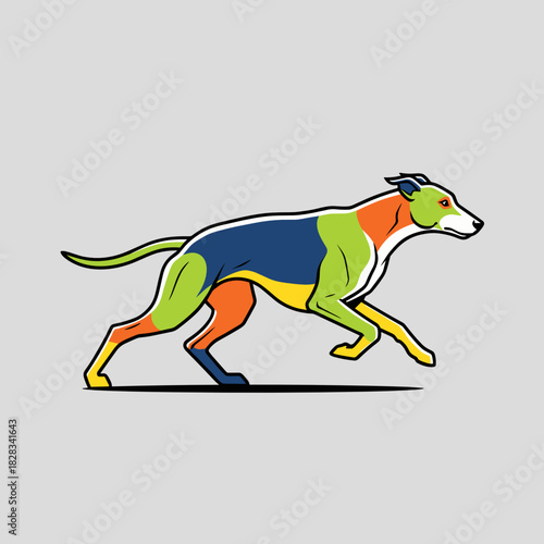 Colorful abstract greyhound dog running in a stylized graphic design  